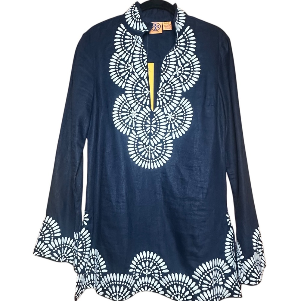Tory Burch Tunic Women 6 Navy NWT MSRP $395 Embroidered Boho Linen Designer Top